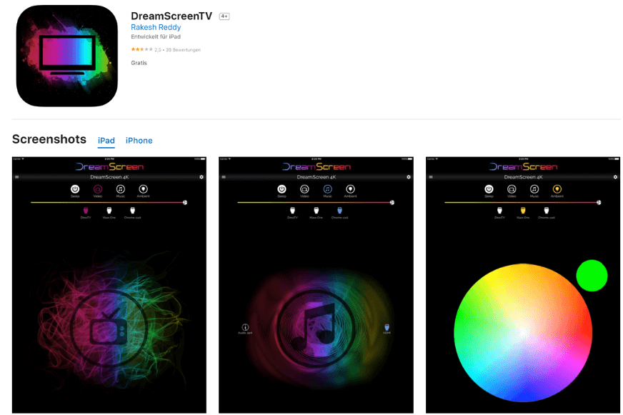 DreamScreen steht zum Download im Appstore zur Verfügung